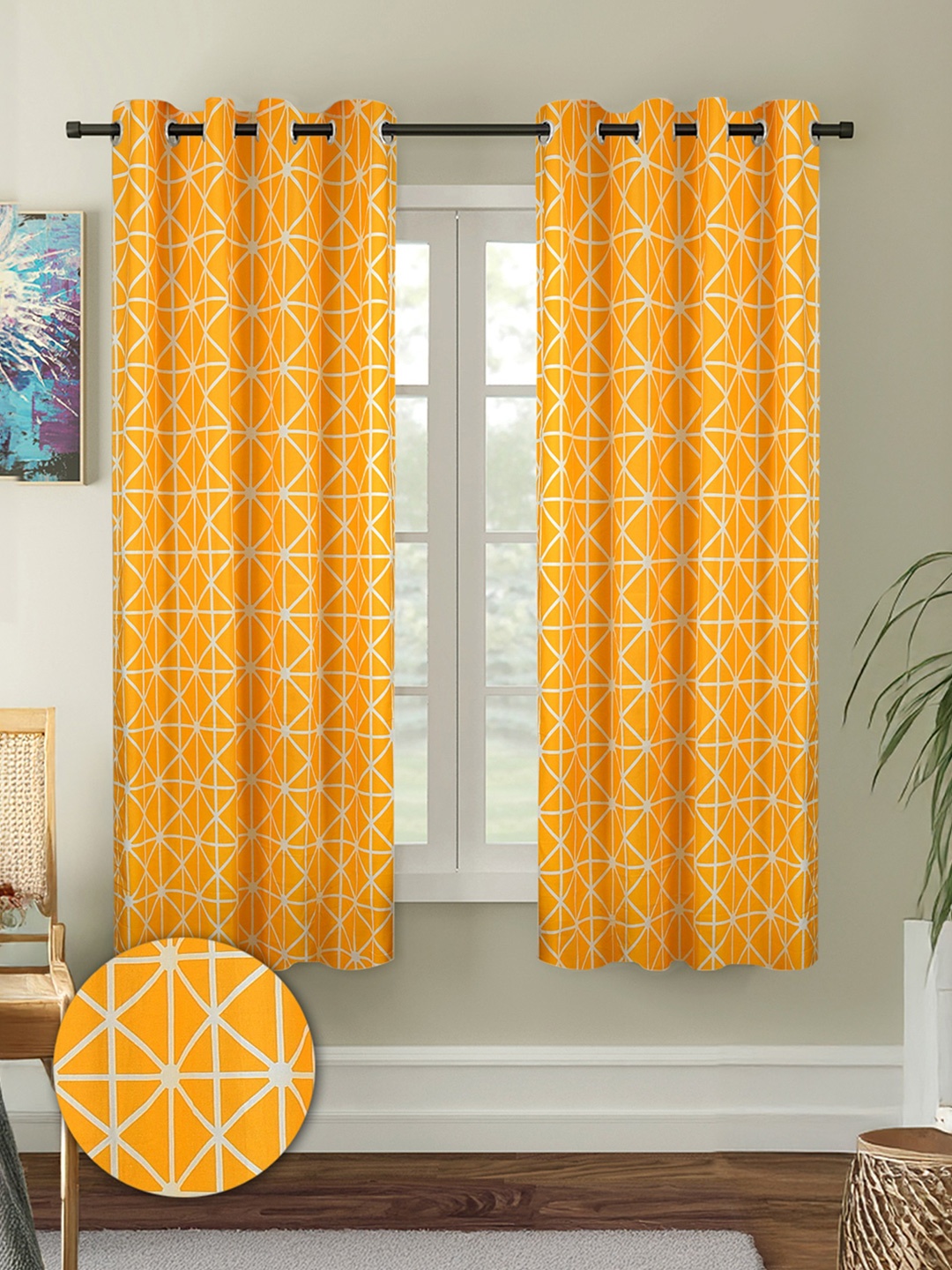 

Cortina Mustard & White 2 Pieces Geometric Printed Cotton Window Curtains