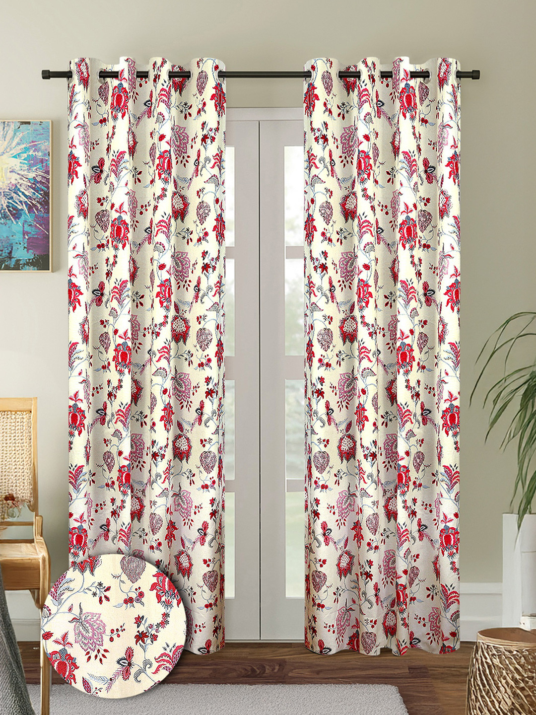 

Cortina Red & Cream-Coloured 2 Pieces Floral Printed Cotton Long Door Curtains