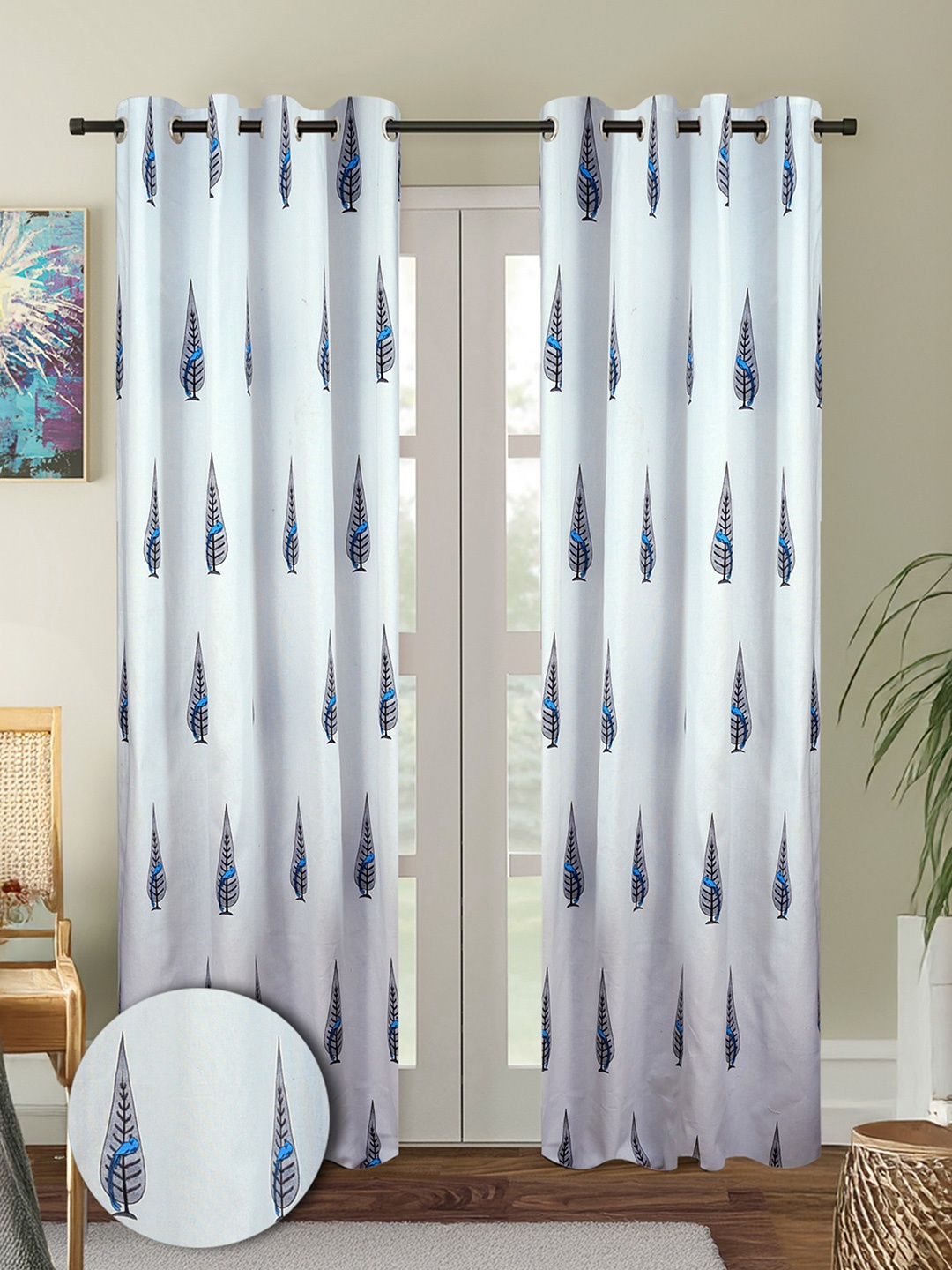 

Cortina White & Blue 2 Pieces Floral Printed Cotton Long Door Curtains