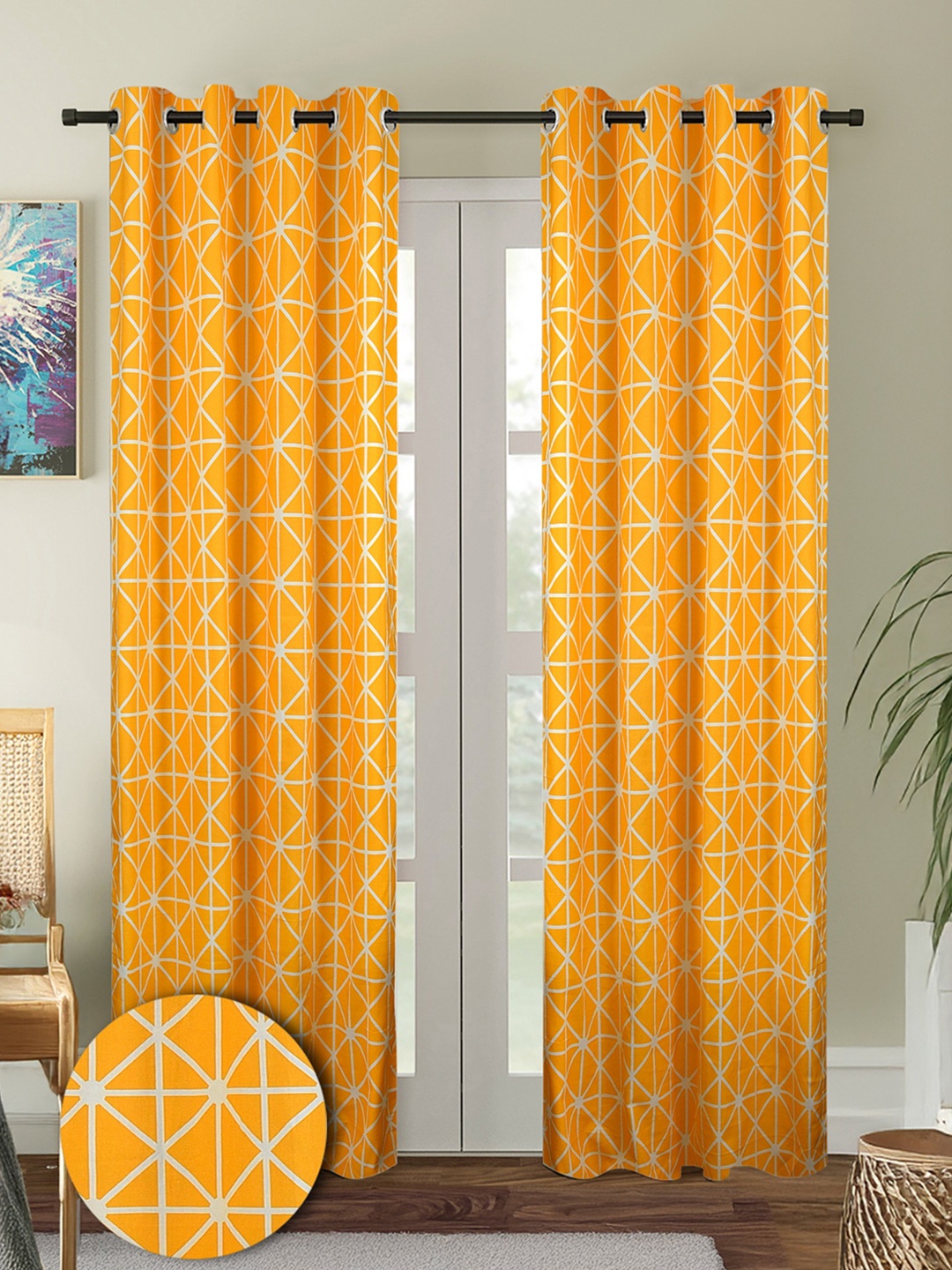 

Cortina Mustard & White 2 Pieces Geometric Printed Cotton Door Curtains