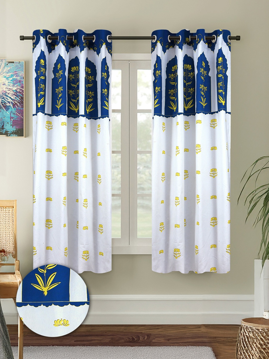 Cortina White & Blue 2 Pieces Floral Printed Cotton Window Curtains