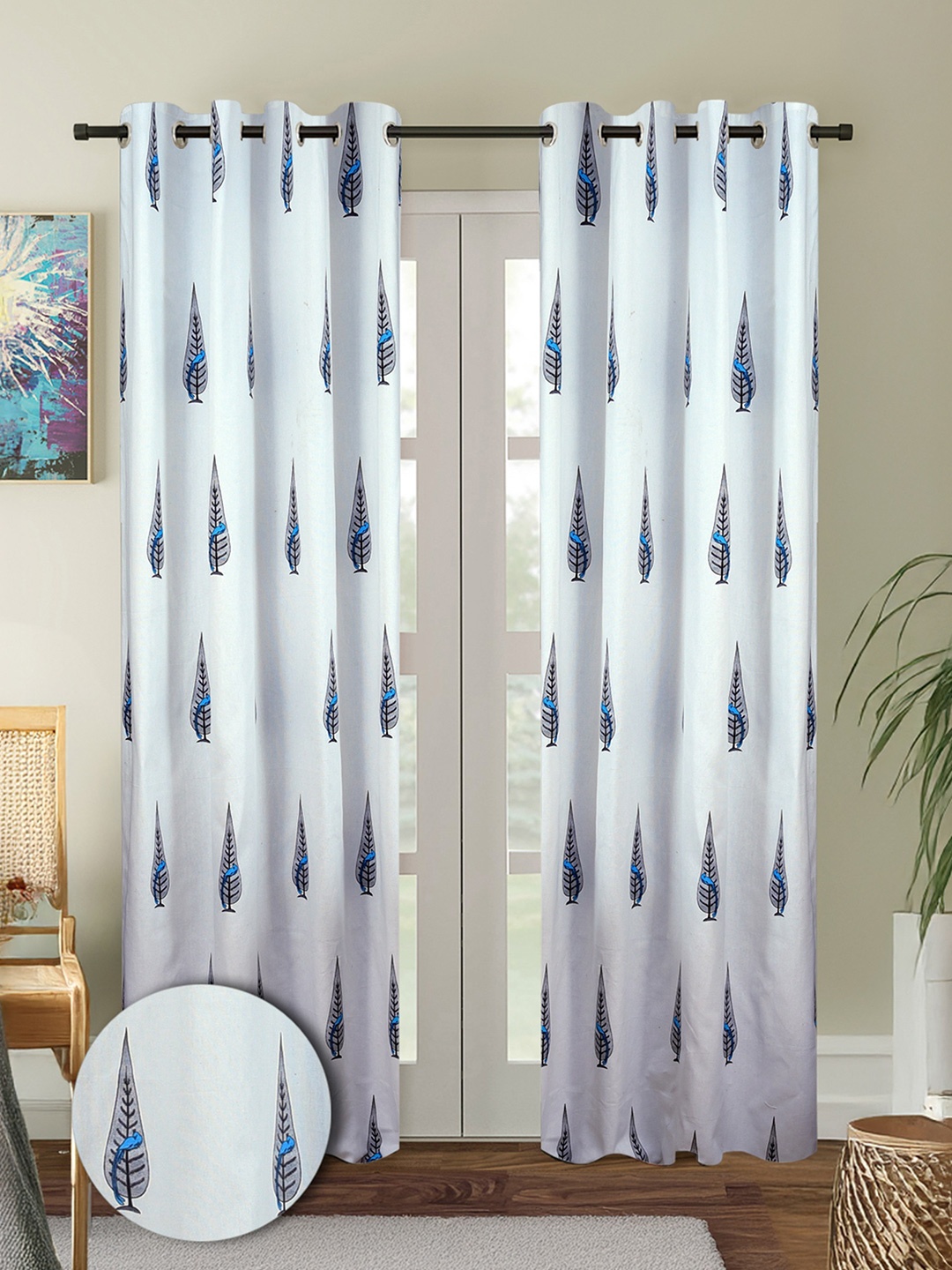 

Cortina White & Grey 2 Pieces Floral Printed Cotton Door Curtains