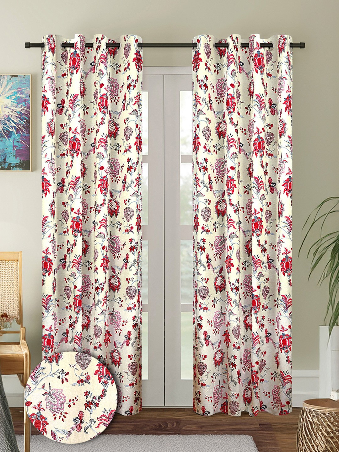 

Cortina Red & Cream-Coloured 2 Pieces Floral Printed Cotton Door Curtains