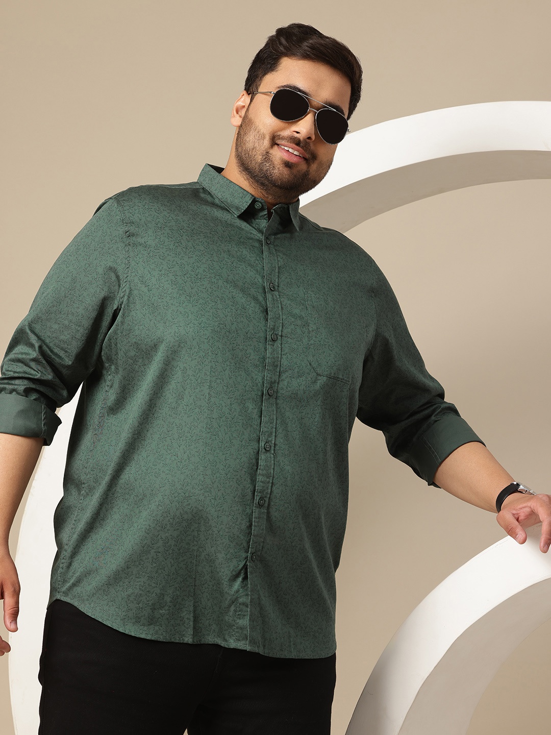 

Sztori Men Plus Size Premium Floral Printed Pure Cotton Formal Shirt, Green