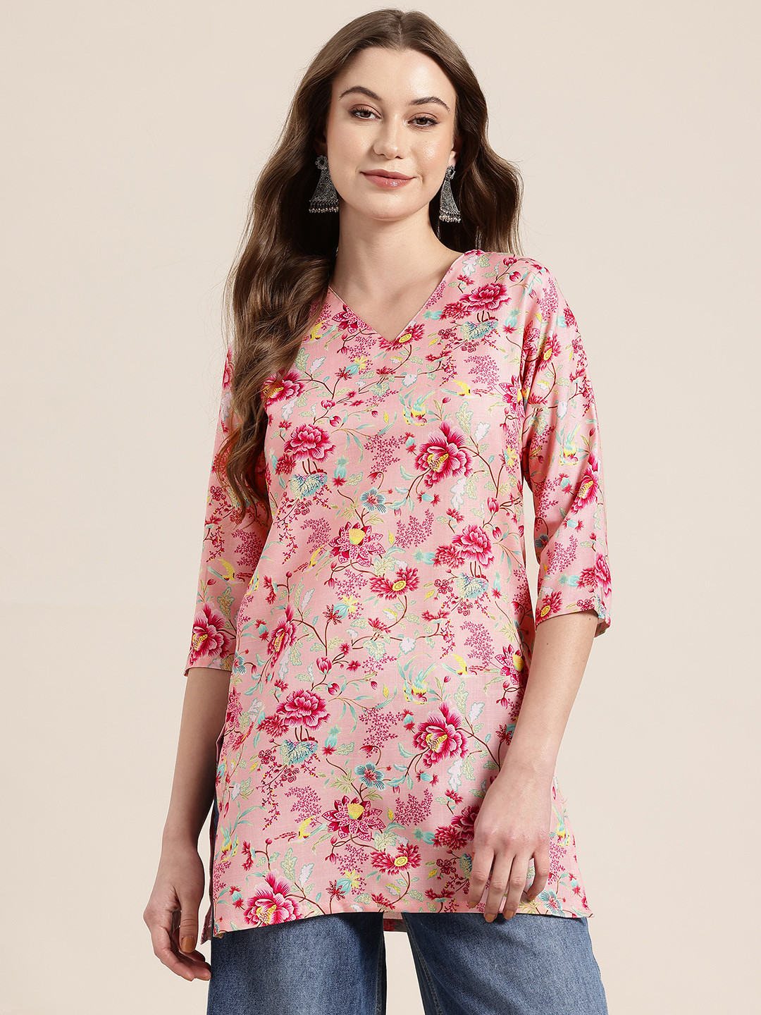 

HERE&NOW Floral Print V-Neck Kurti, Pink