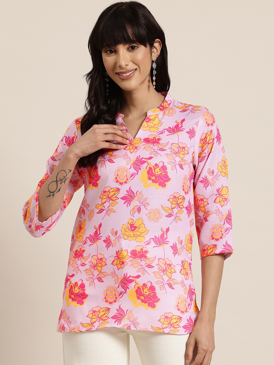 

HERE&NOW Floral Printed Straight Kurti, Pink