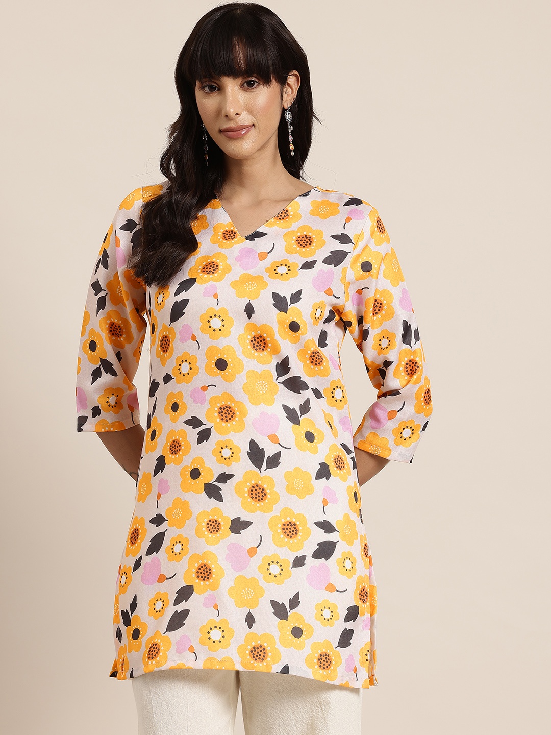 

HERE&NOW Floral Print Straight Kurti, Off white