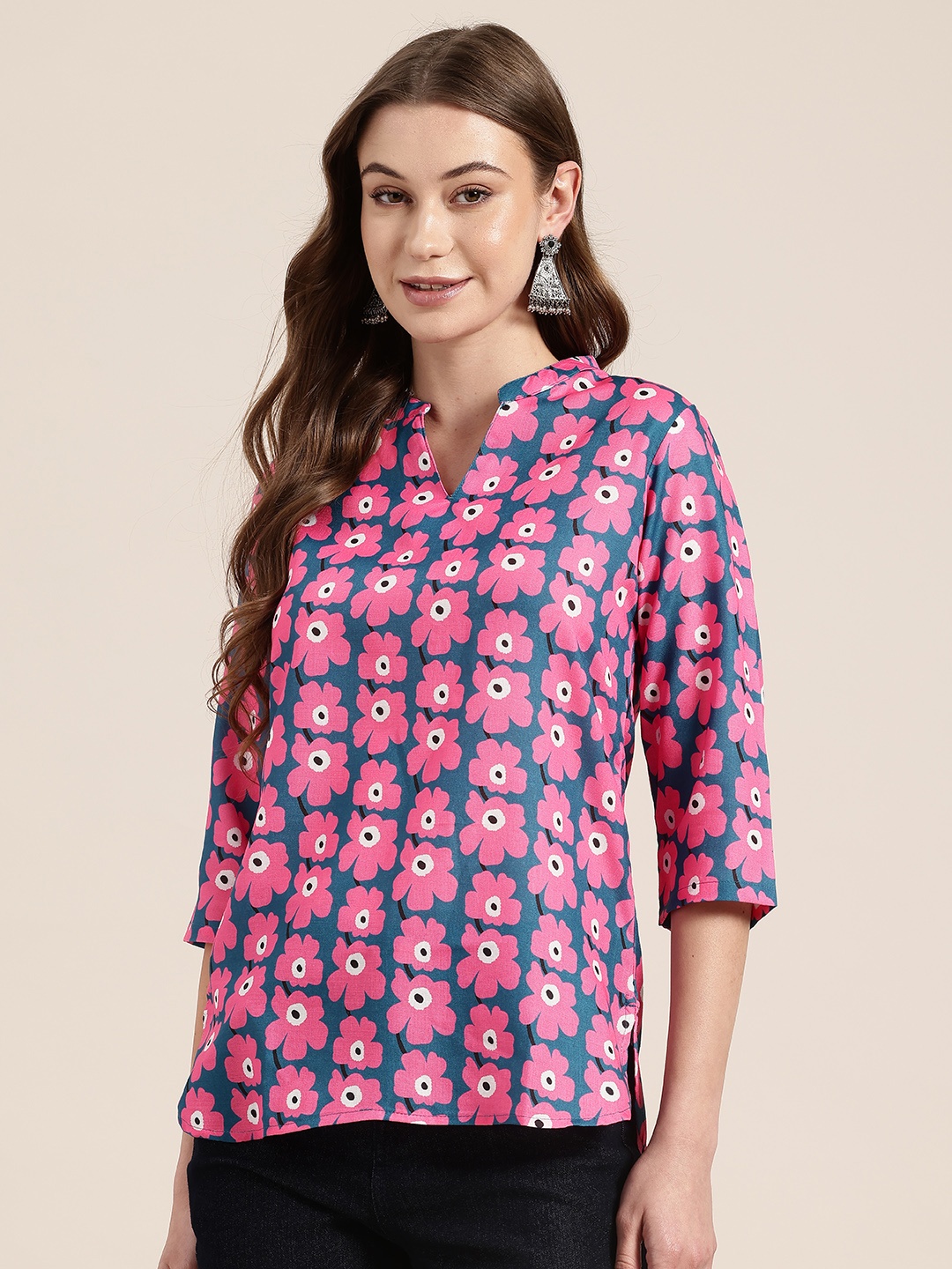 

HERE&NOW Floral Printed Band Collar Straight Kurti, Teal