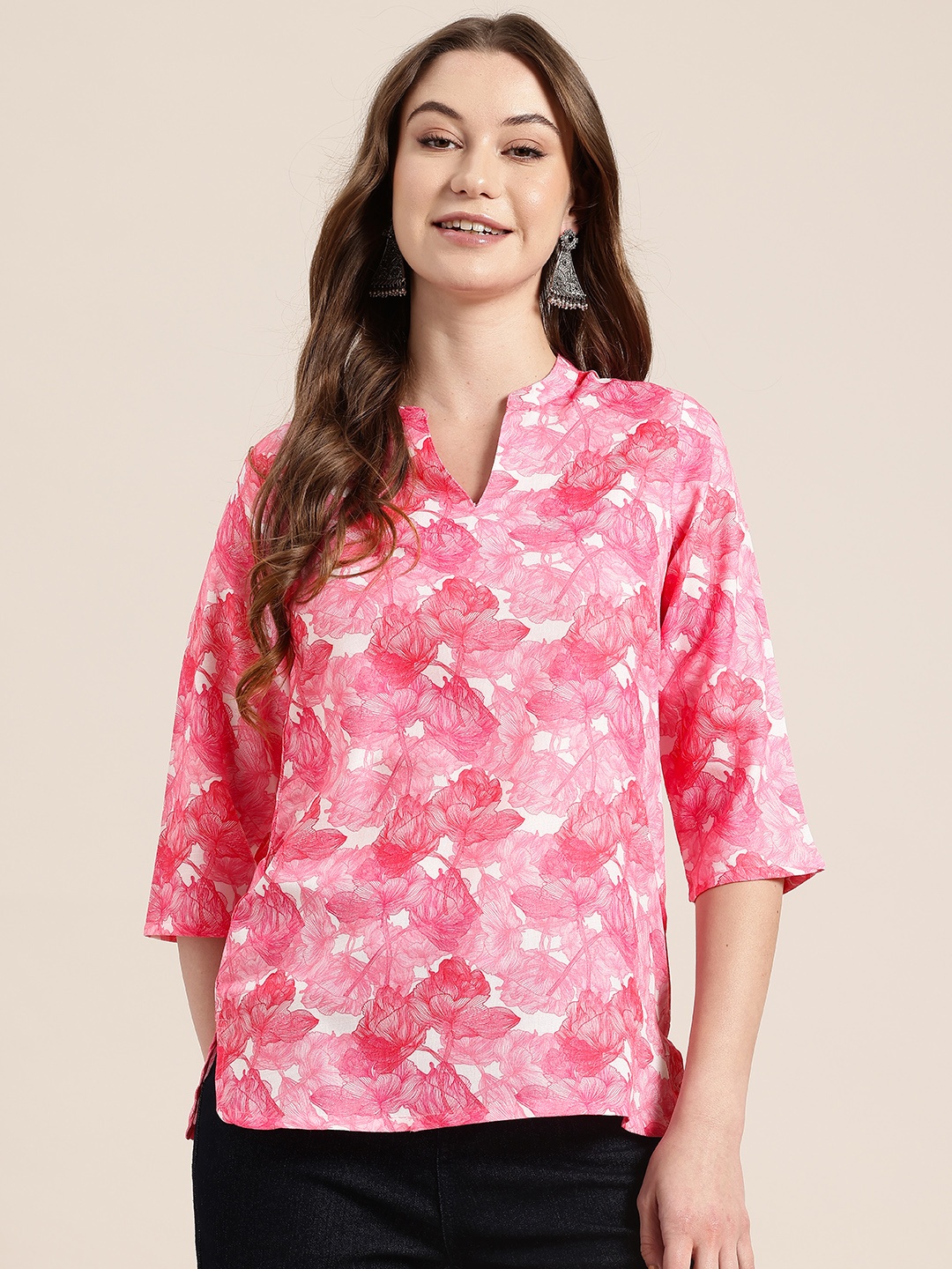 

HERE&NOW Floral Printed Band Collar Straight Kurti, White