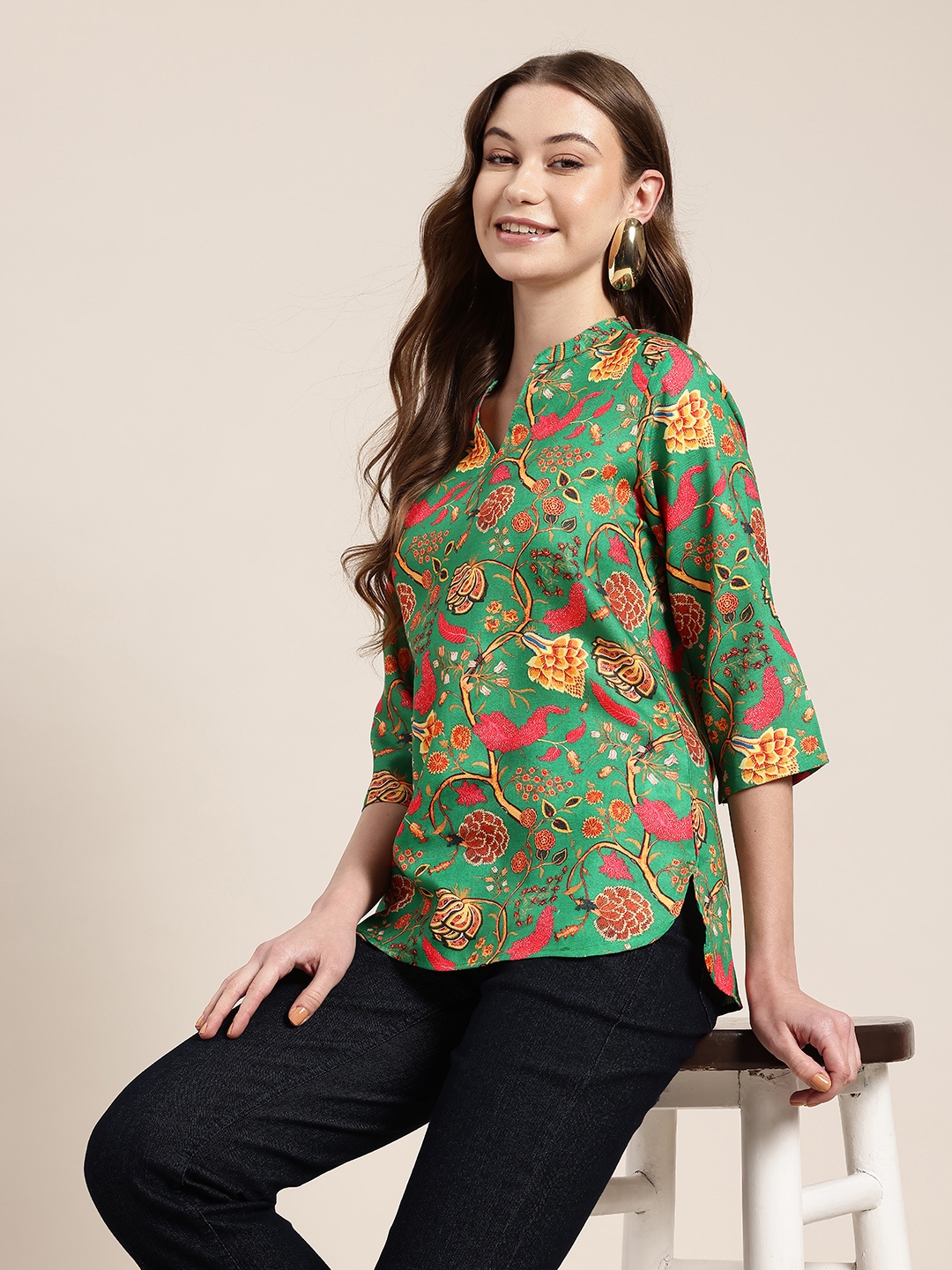 

HERE&NOW Floral Printed Mandarin Collar Kurti, Green
