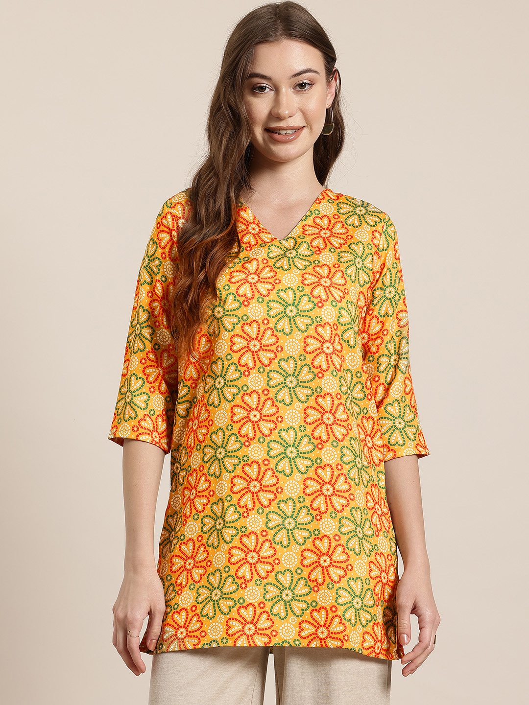 

HERE&NOW Floral Printed V-Neck Kurti, Yellow