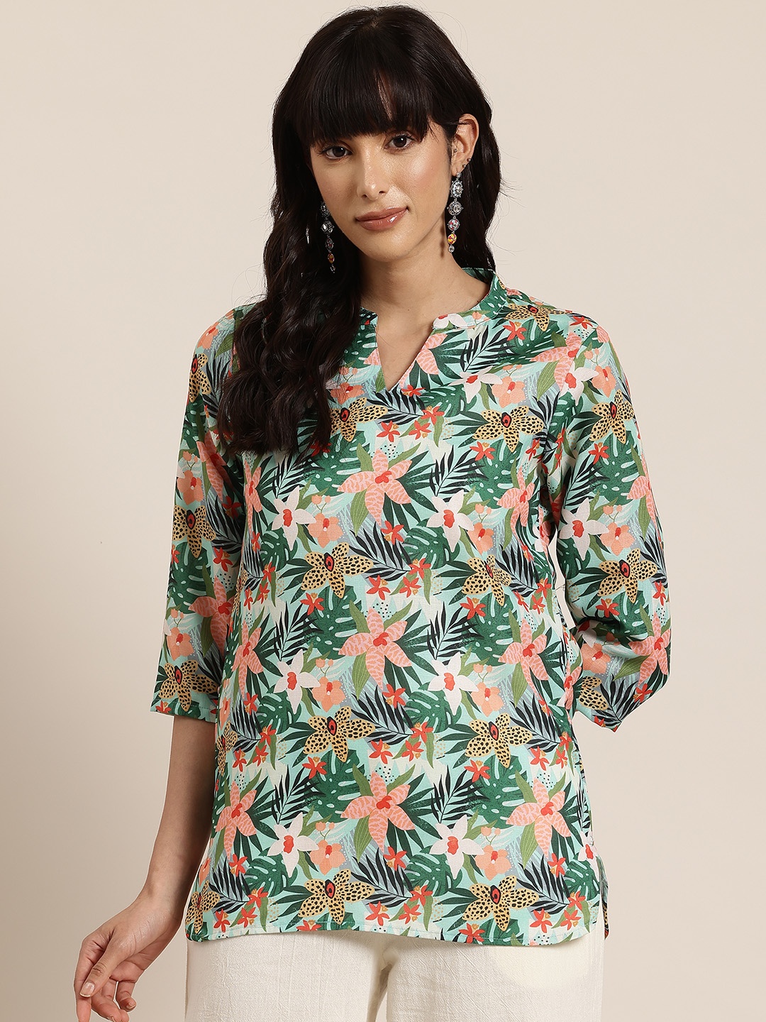 

HERE&NOW Tropical Printed Kurti, Green