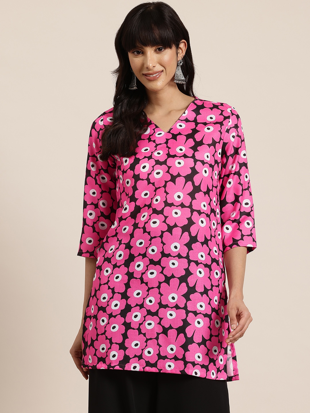 

HERE&NOW Floral Printed V-Neck Kurti, Black