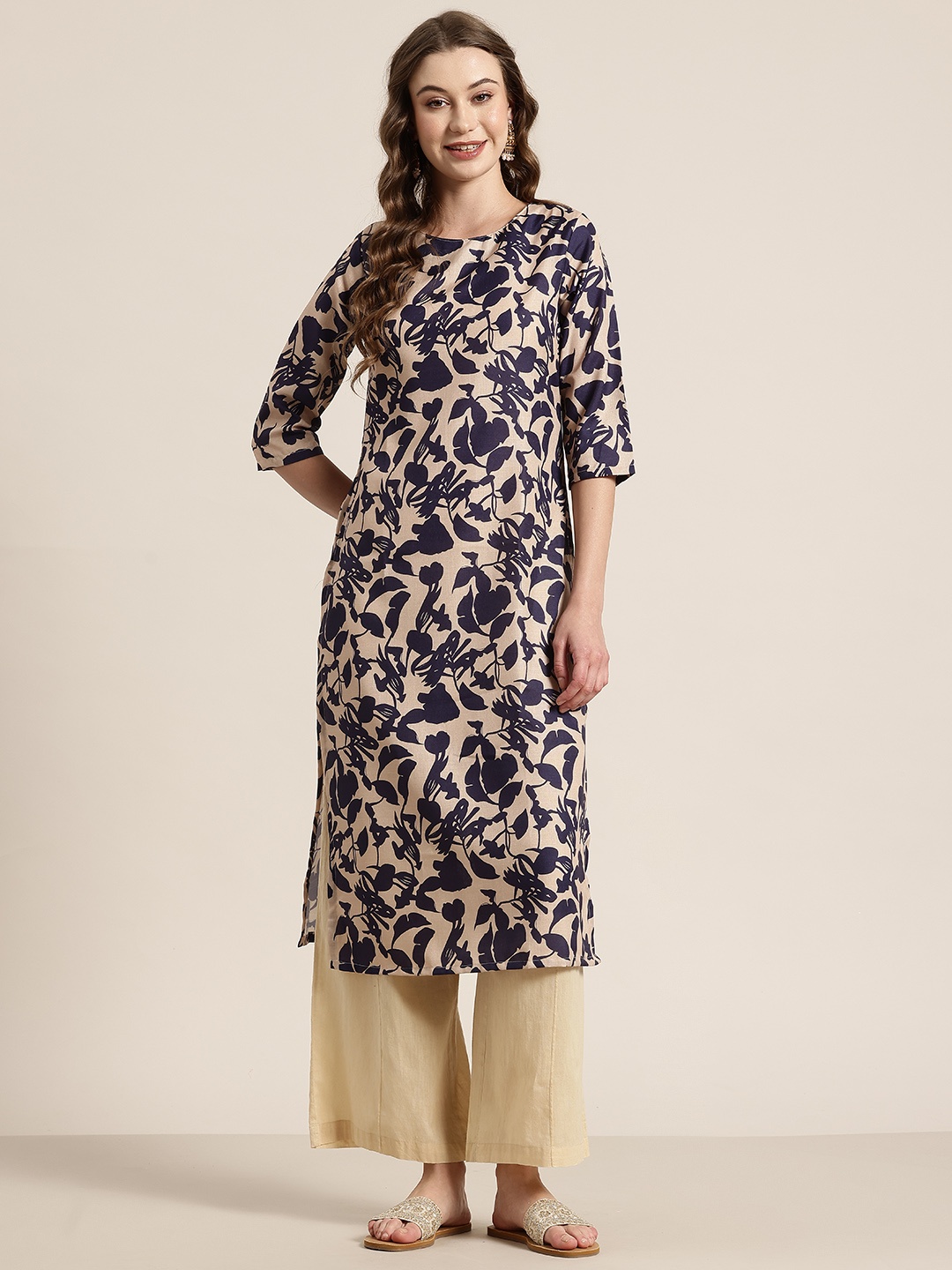 

HERE&NOW Leaf Printed Floral A-Line Kurta, Beige