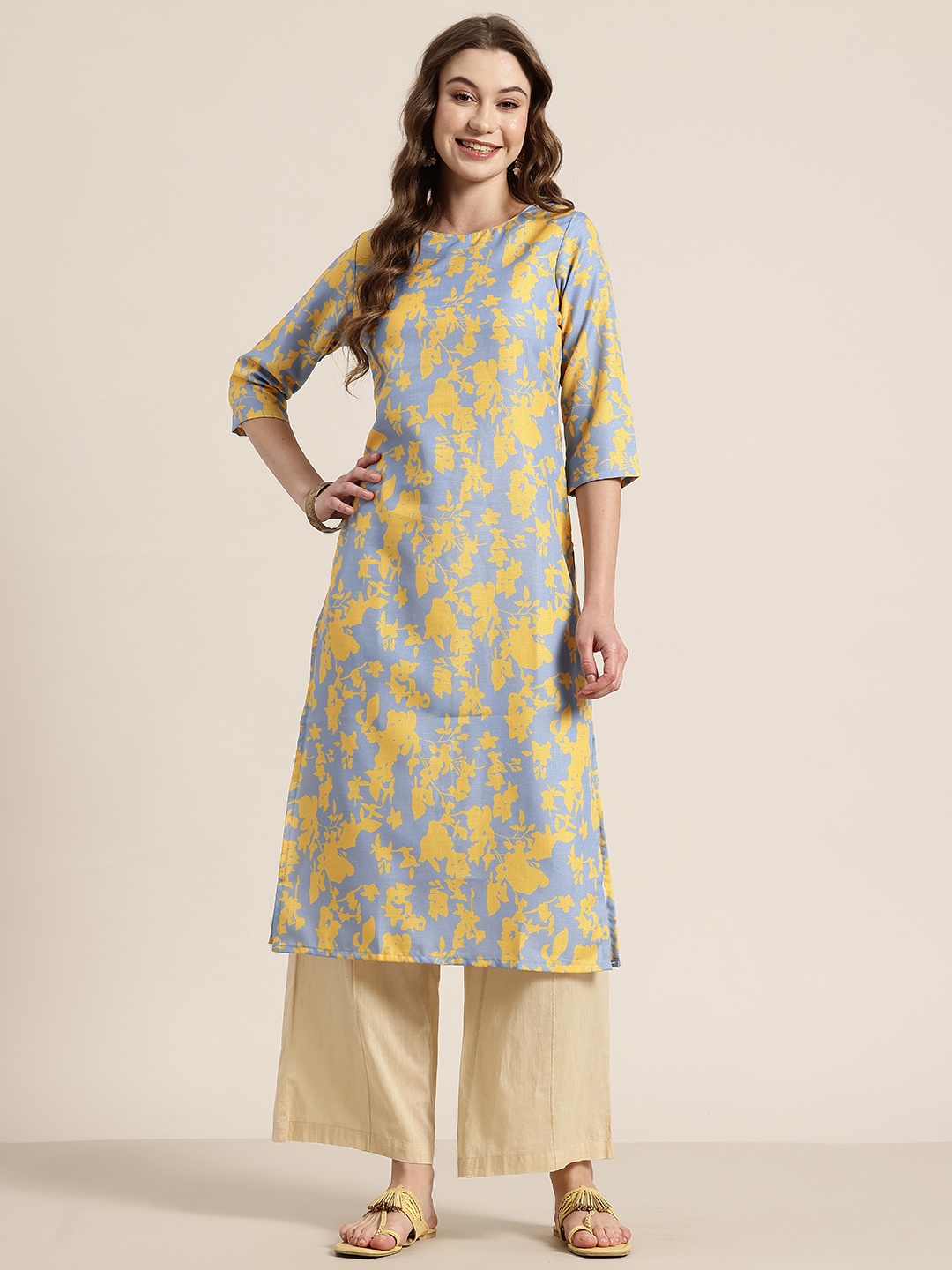 

HERE&NOW Floral Printed Floral A-Line Kurta, Grey