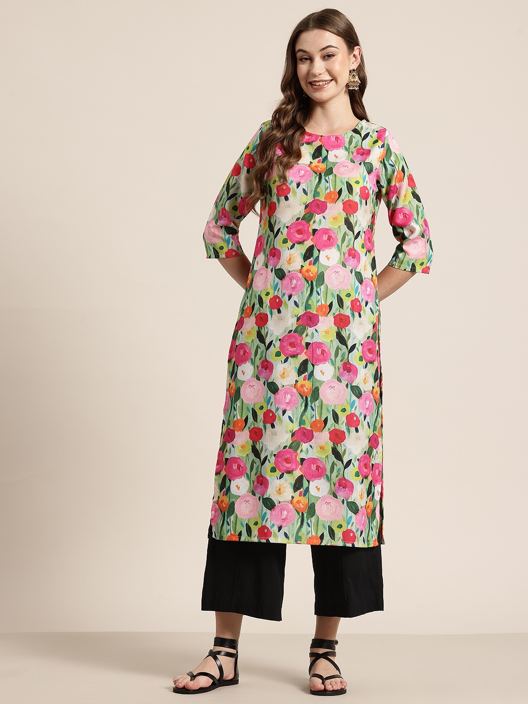 

HERE&NOW Floral Print A-Line Kurta, Green