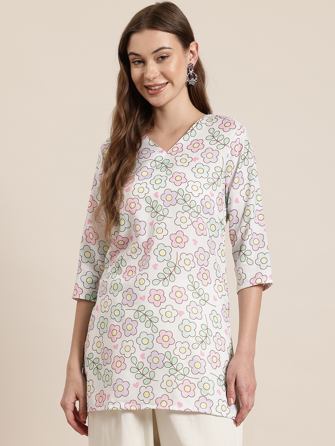 

HERE&NOW Floral Printed V-Neck Kurti, White