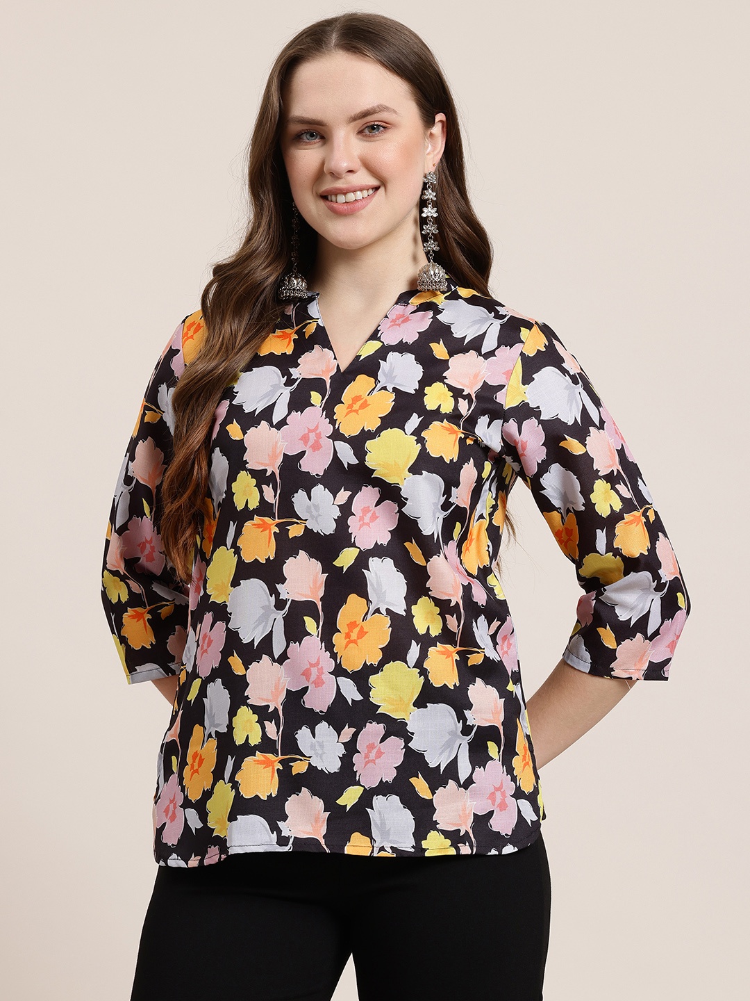 

HERE&NOW Floral Printed Kurti, Black