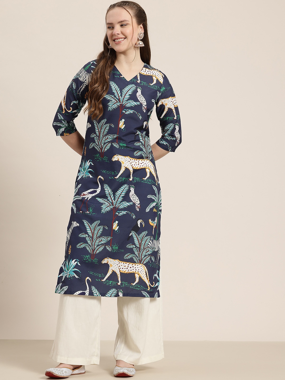 

HERE&NOW Quirky Printed Kurta, Navy blue