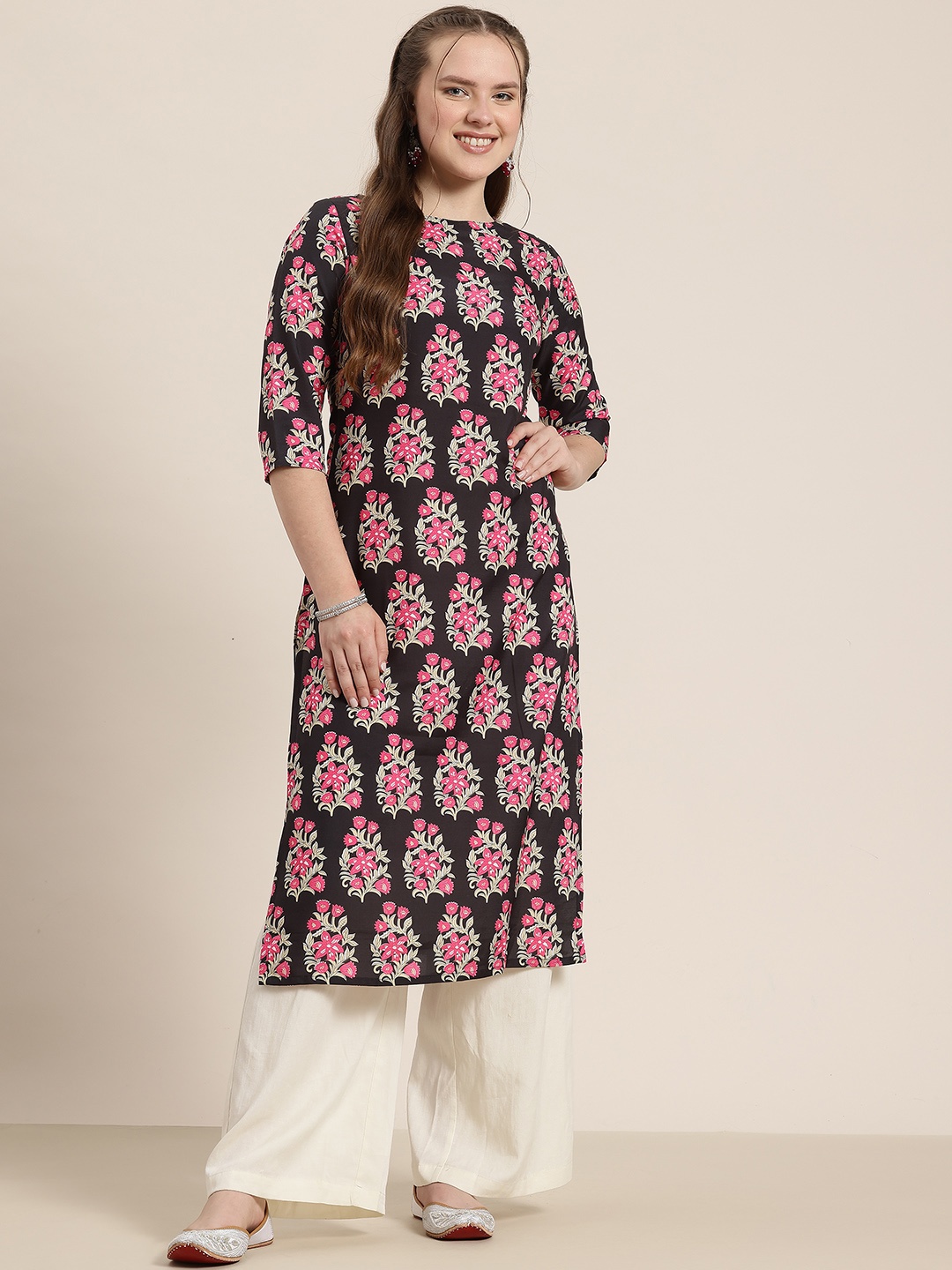 

HERE&NOW Floral Printed Kurta, Black