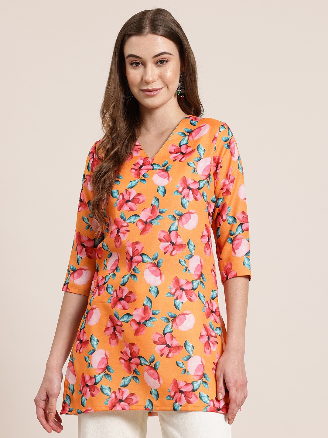 

HERE&NOW Floral Print V-Neck Kurti, Orange