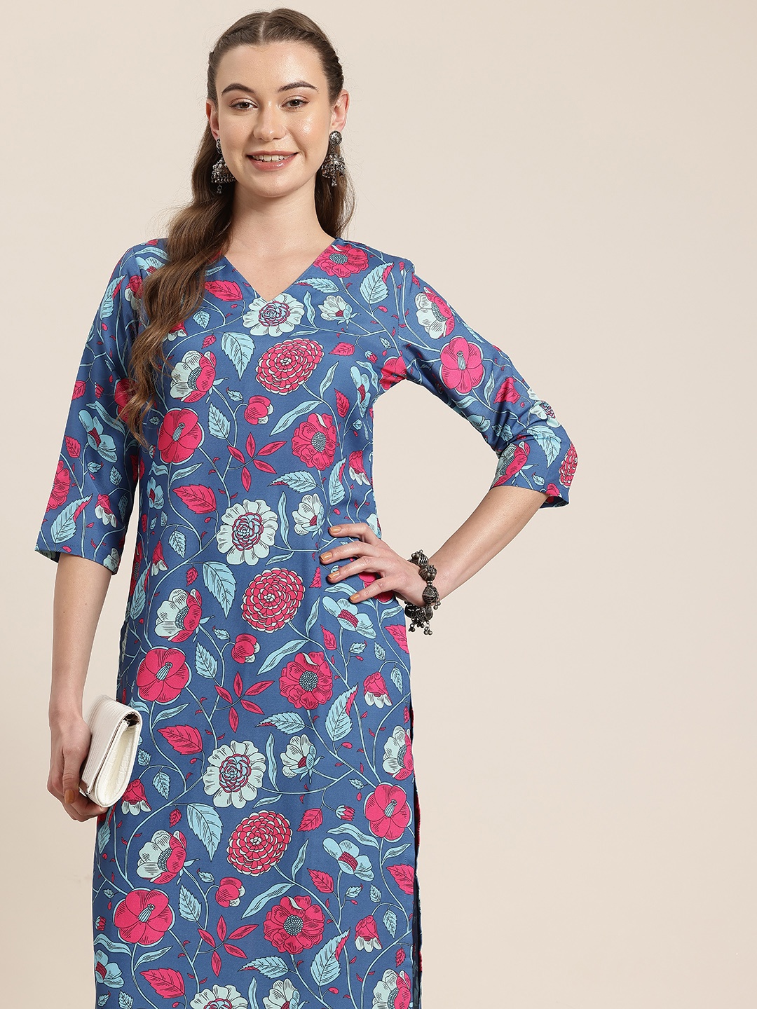 

HERE&NOW Printed Straight Kurta, Blue