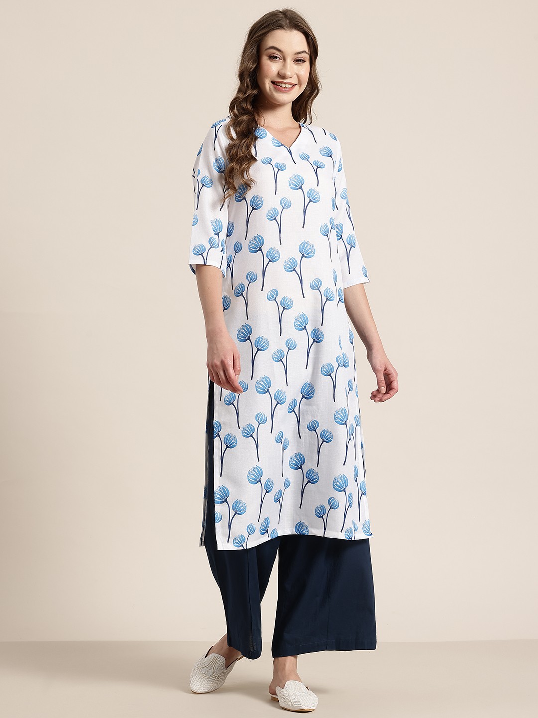 

HERE&NOW Floral Print A-Line Kurta, White