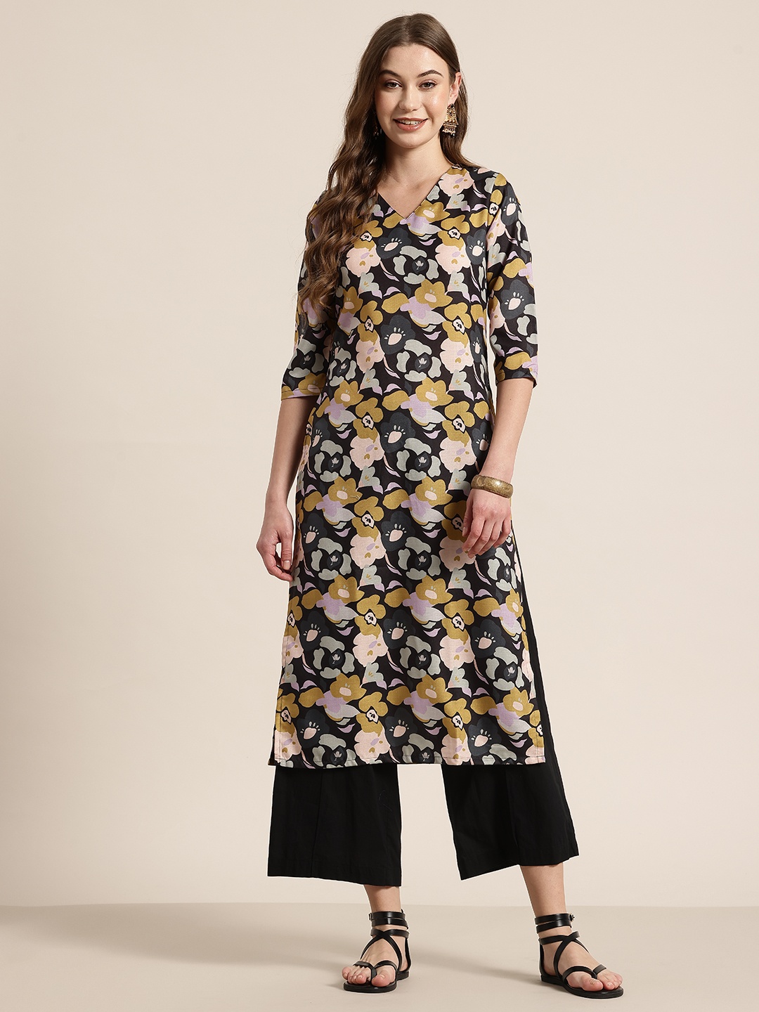 

HERE&NOW Floral Print A-Line Kurta, Green