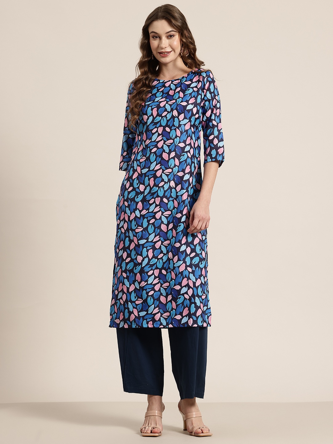

HERE&NOW Floral Printed A-Line Kurta, Navy blue