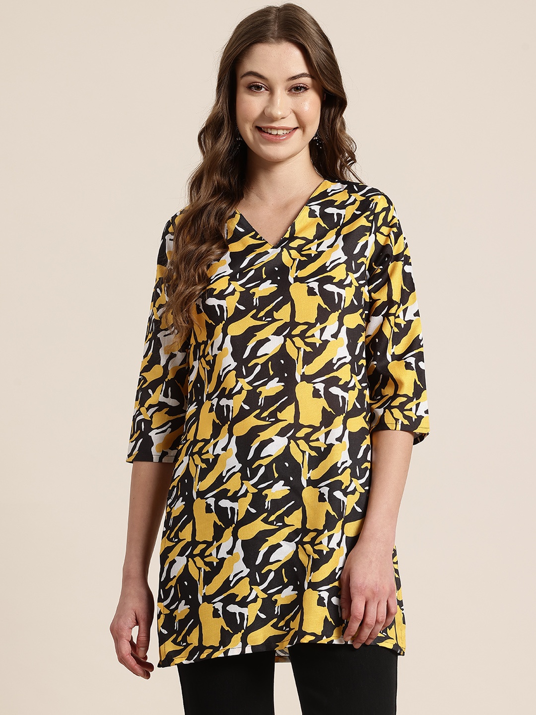 

HERE&NOW Abstract Printed V-Neck Kurti, Black