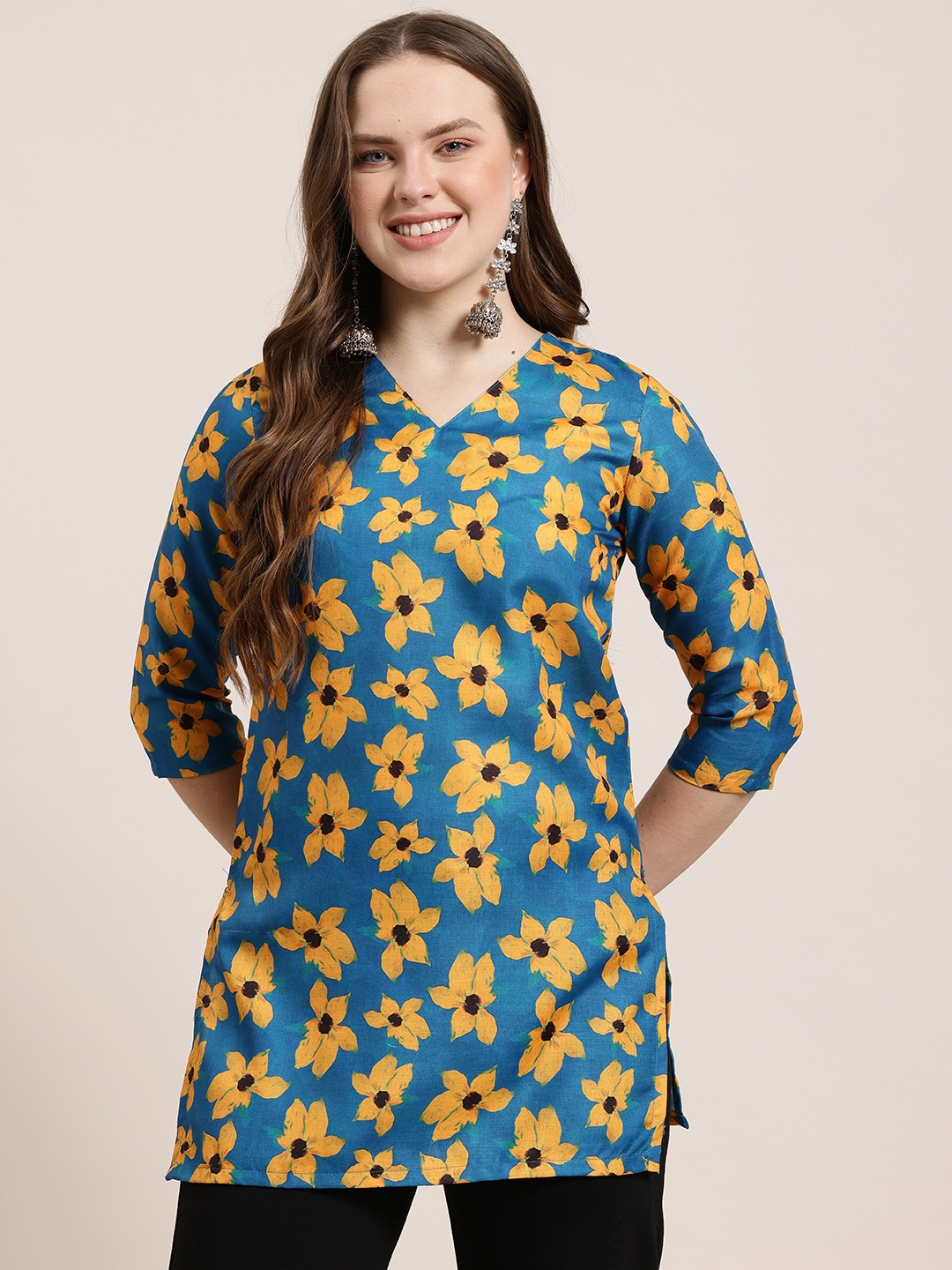 

HERE&NOW Floral Print V-Neck Kurti, Teal