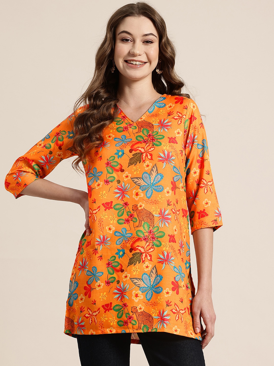 

HERE&NOW Floral Printed Kurti, Orange