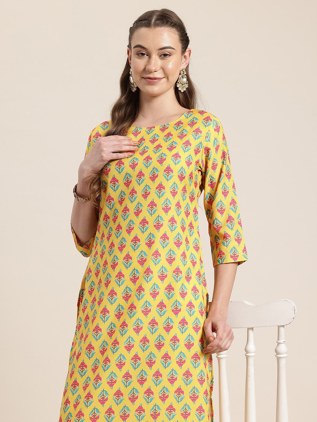 

HERE&NOW Printed Straight Kurta, Yellow