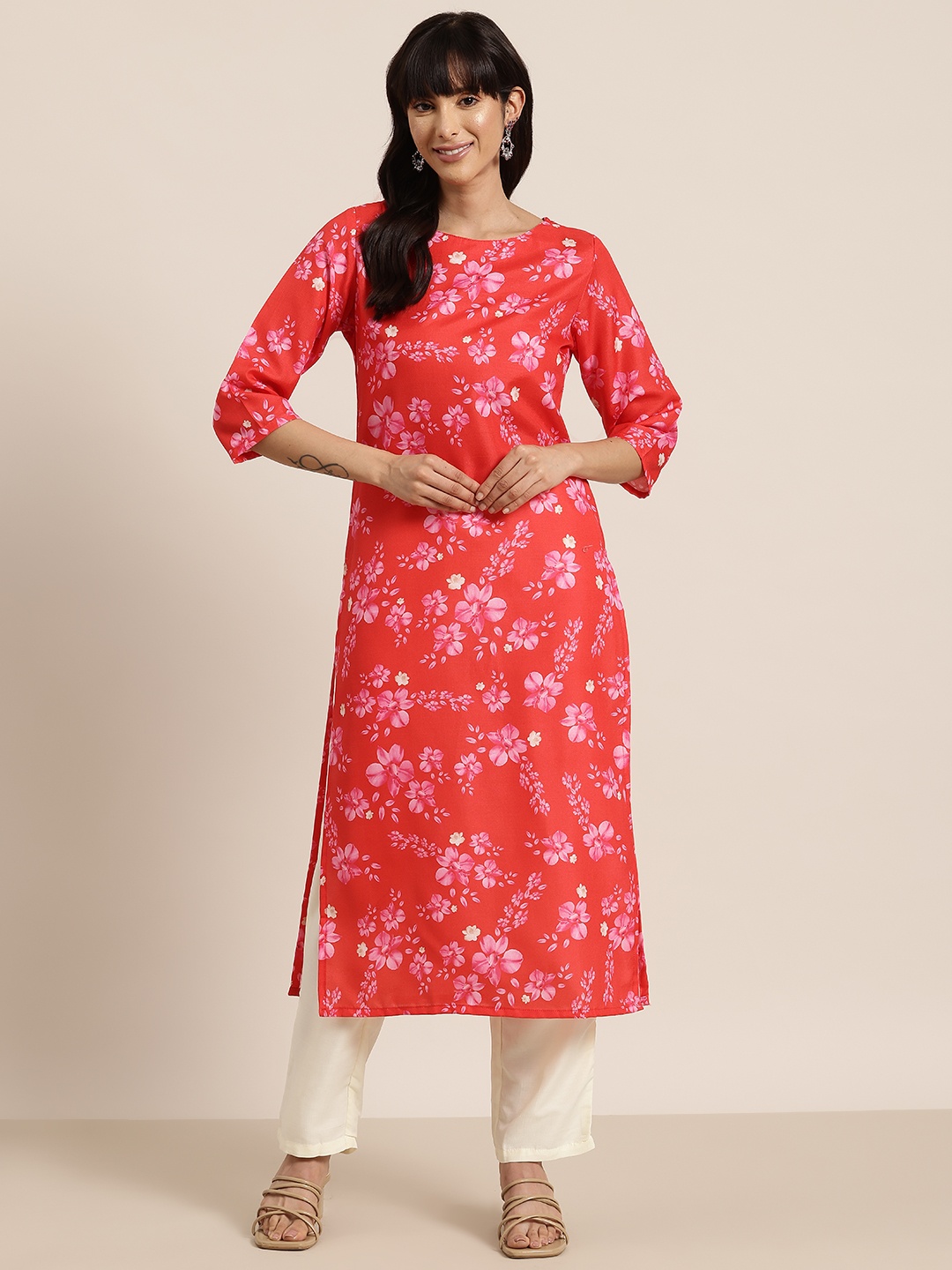 

HERE&NOW Floral Print Boat Neck Straight Kurta, Red