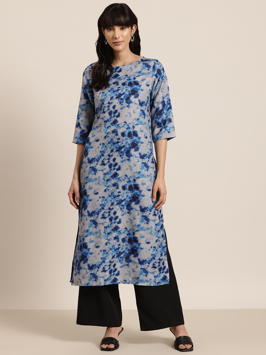 

HERE&NOW Tie & Dye Boat Neck Straight Kurta, Grey