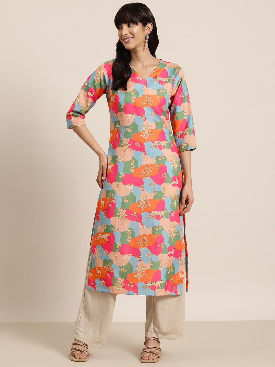 

HERE&NOW Tropical Print V-Neck Straight Kurta, Multi