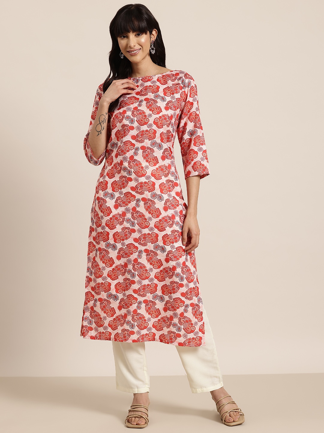

HERE&NOW Floral Print Boat Neck Straight Kurta, White