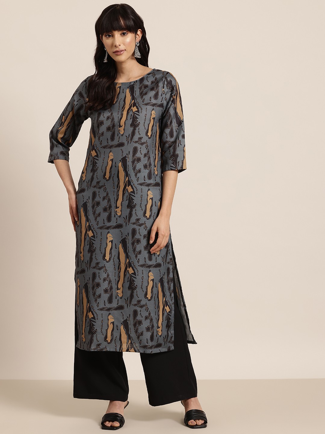 

HERE&NOW Abstract Print Boat Neck Straight Kurta, Grey