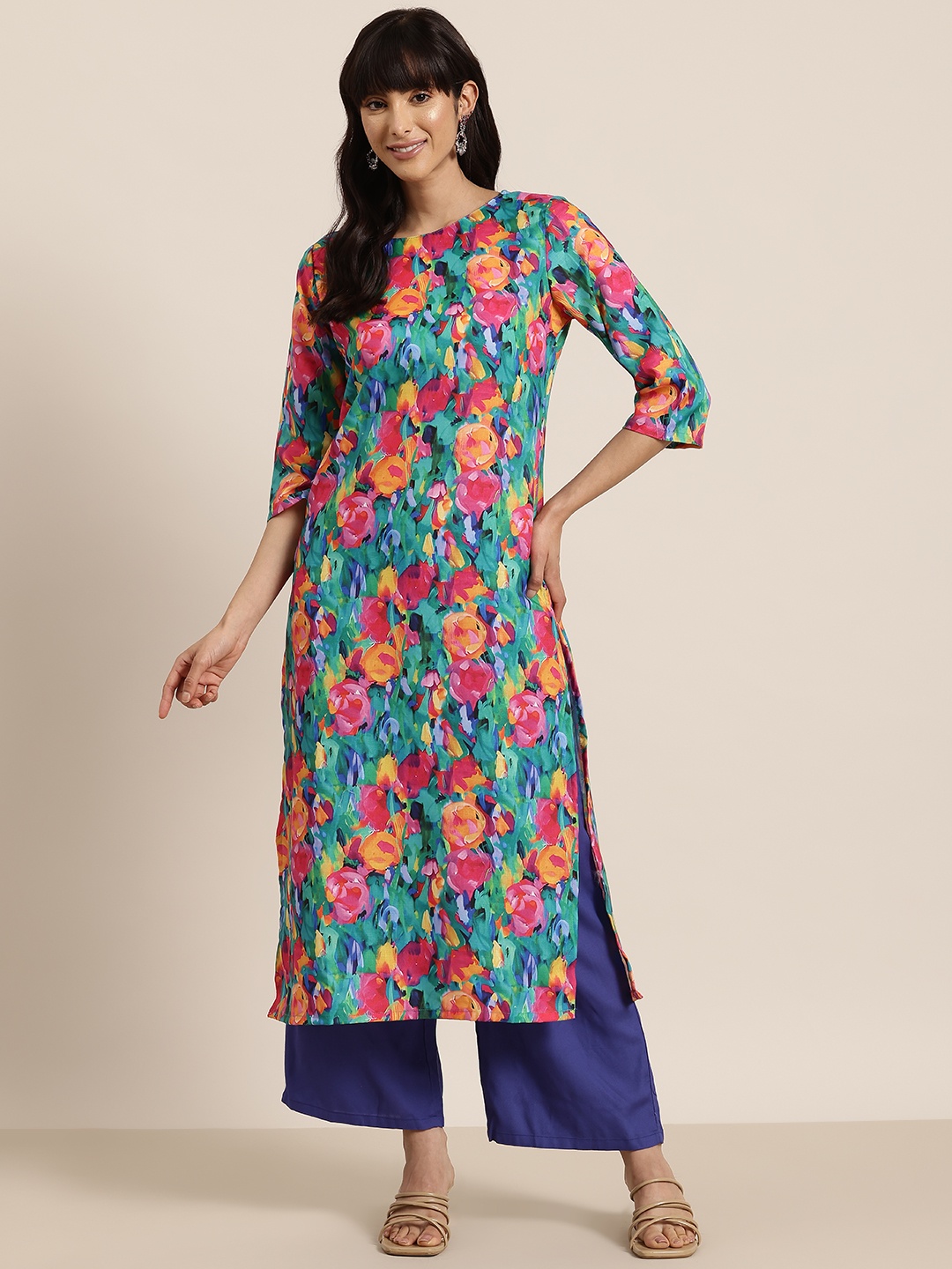 

HERE&NOW Abstract Print Boat Neck Straight Kurta, Green