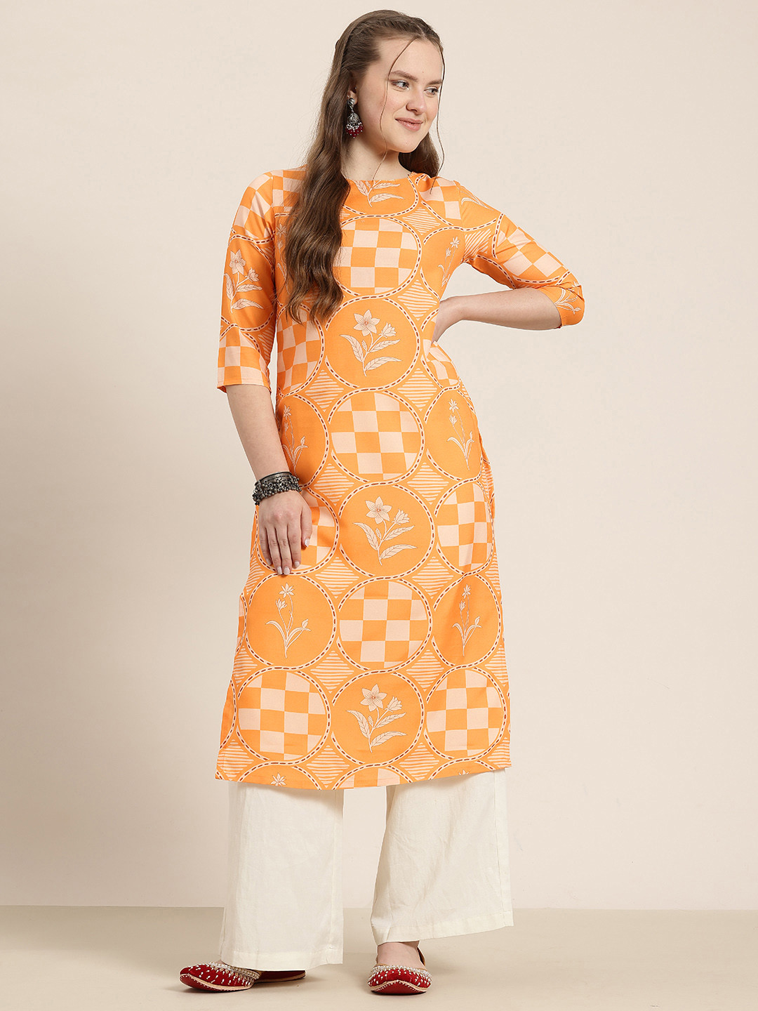 

HERE&NOW Printed Straight Kurta, Orange