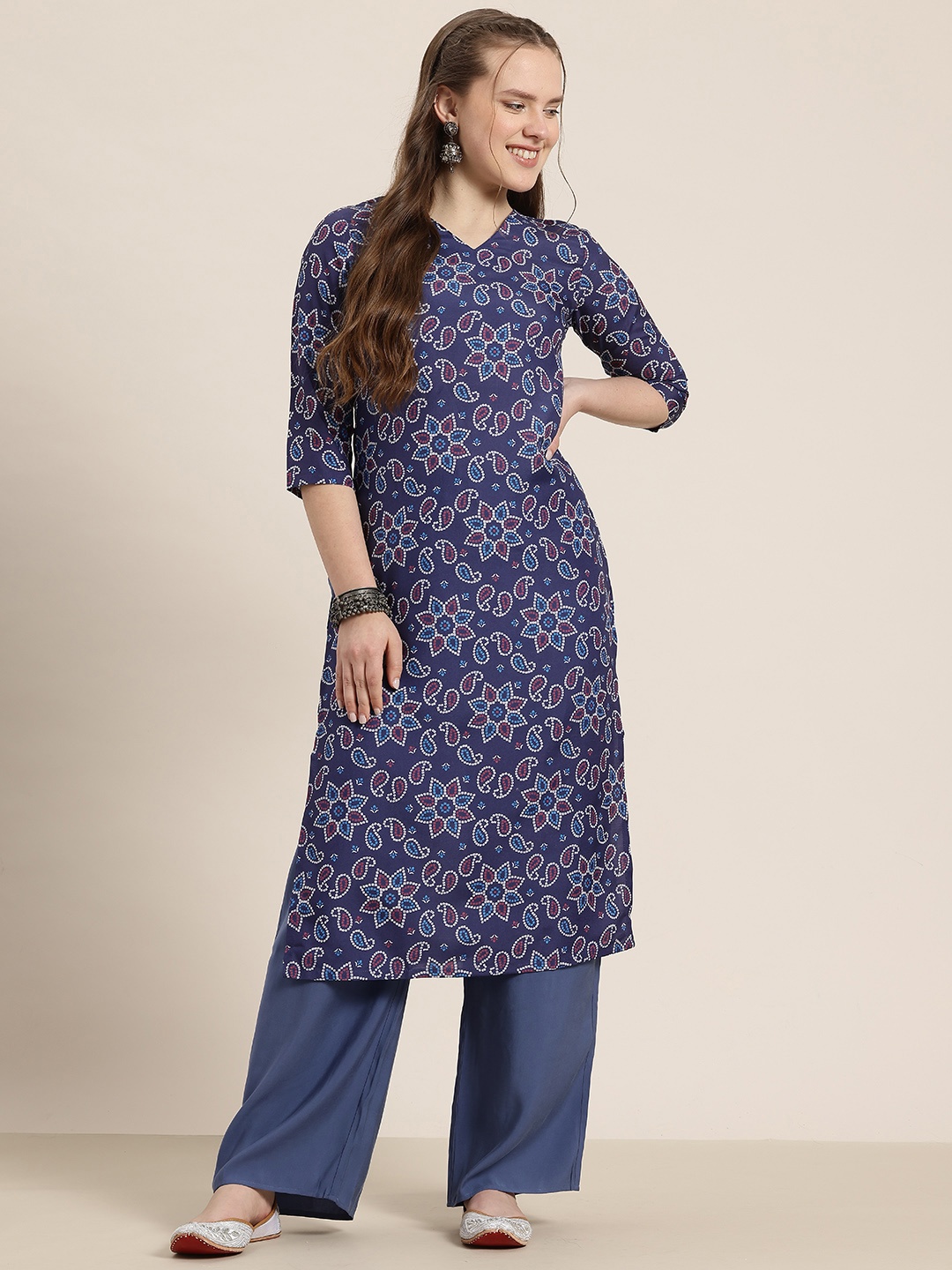 

HERE&NOW Bandhani Print Straight Kurta, Blue