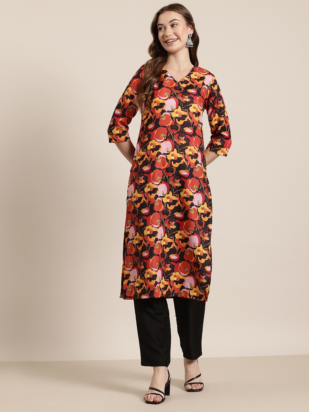 

HERE&NOW Floral Printed Kurta, Black