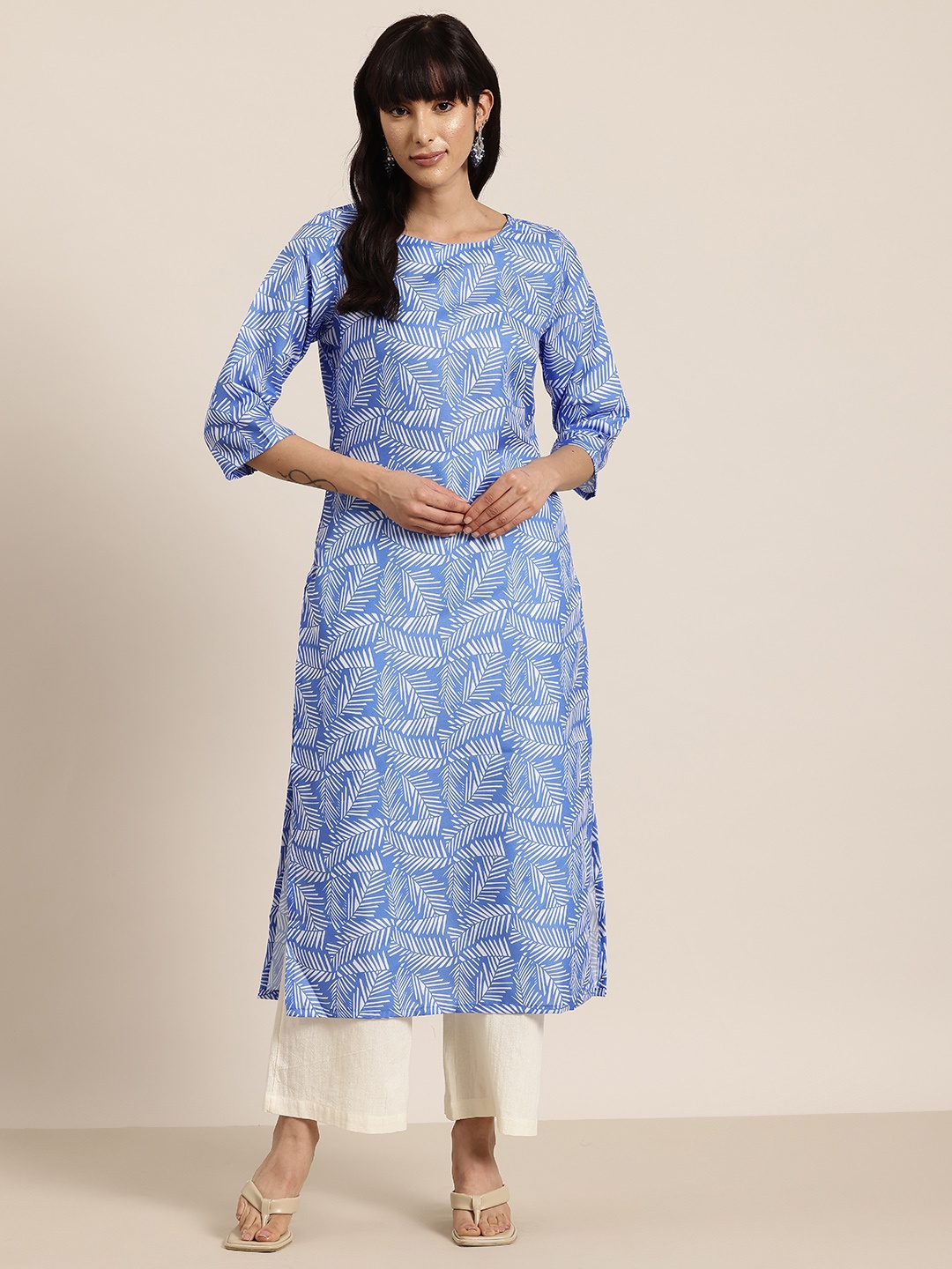 

HERE&NOW Leaf Print A-Line Kurta, Blue