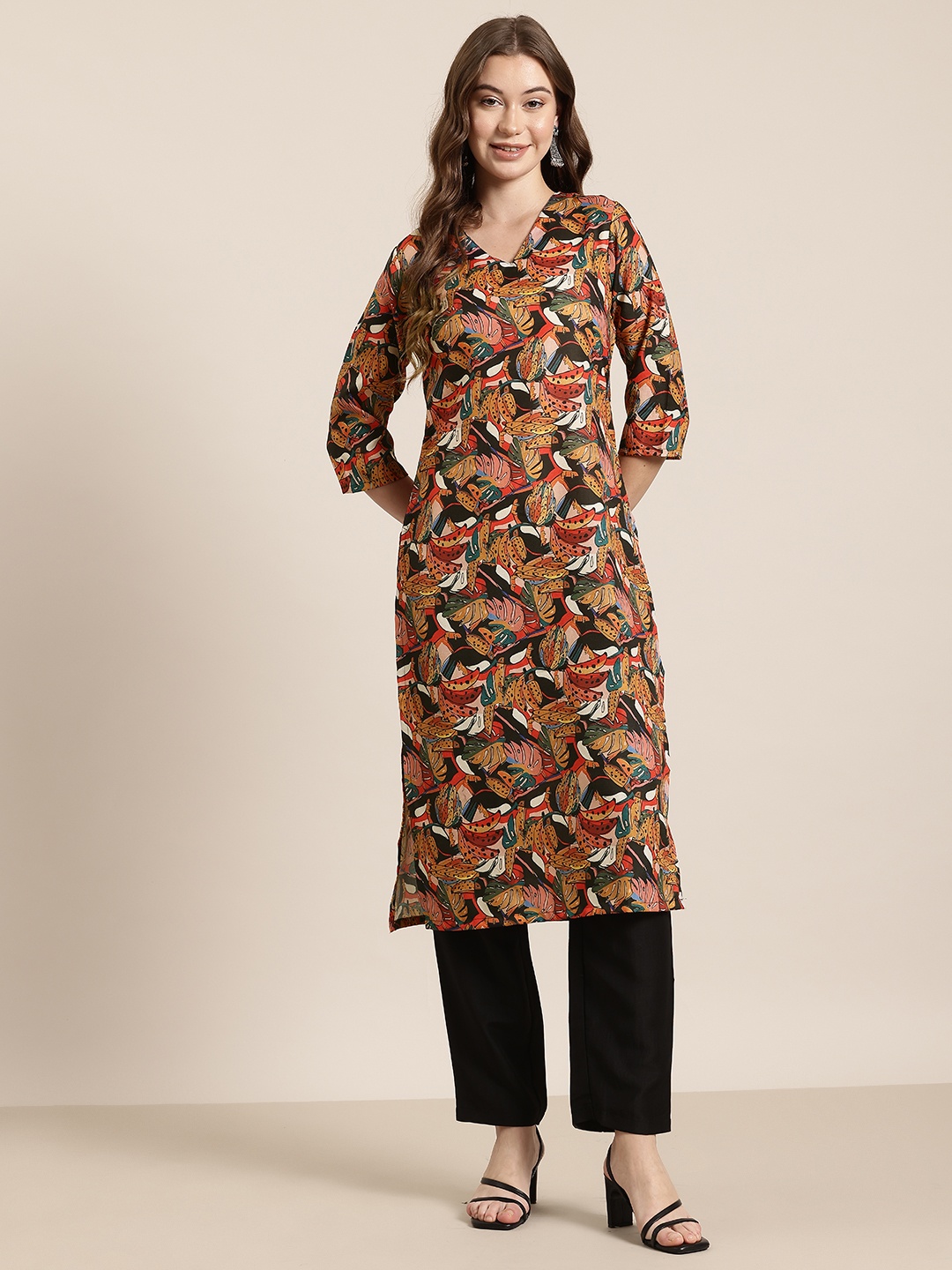 

HERE&NOW Leaf Print A-Line Kurta, Multi