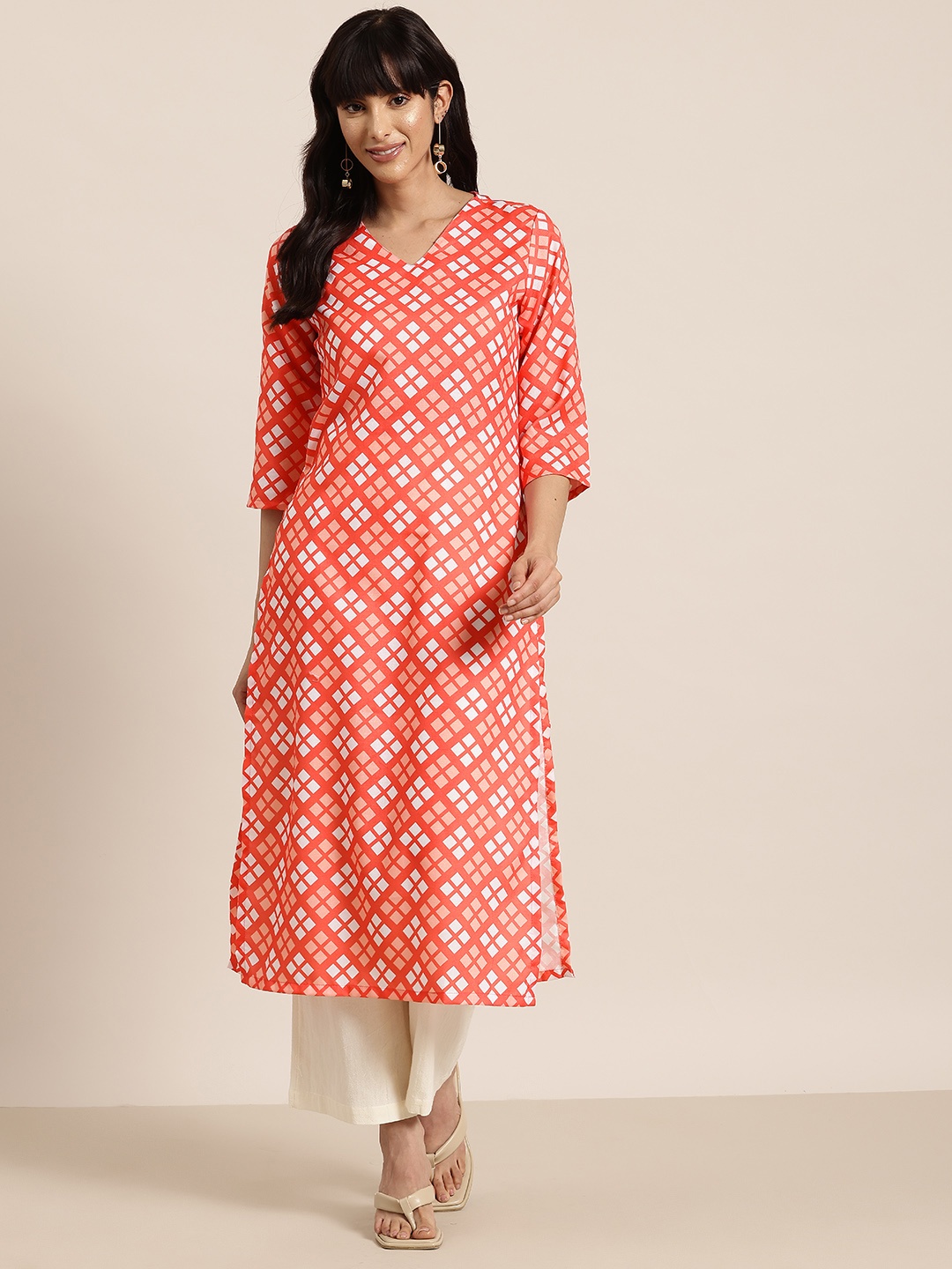 

HERE&NOW Geometric Print A-Line Kurta, Orange
