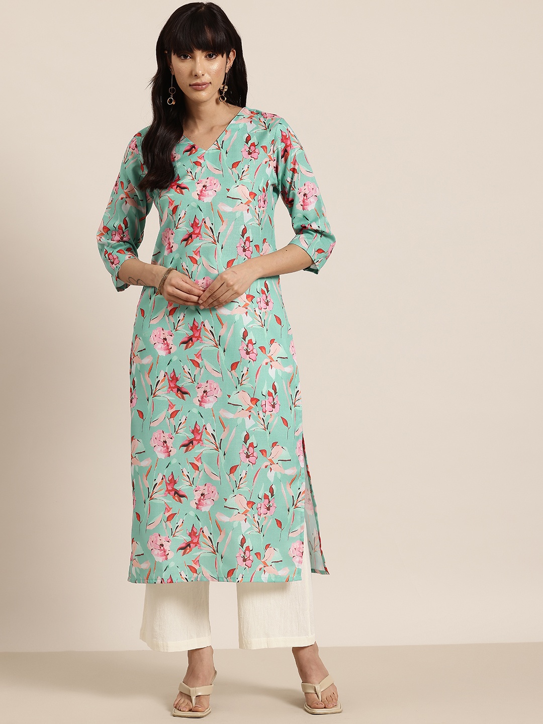 

HERE&NOW Floral Print A-Line Kurta, Green