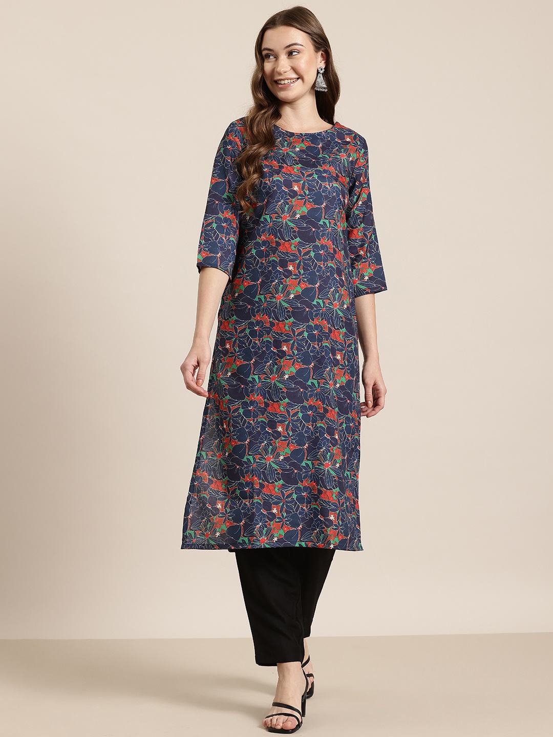 

HERE&NOW Floral Printed A-Line Kurta, Navy blue