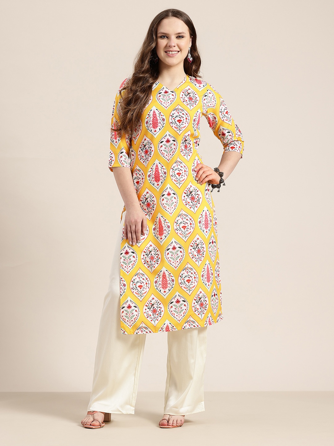 

HERE&NOW Floral Print A-Line Kurta, Yellow