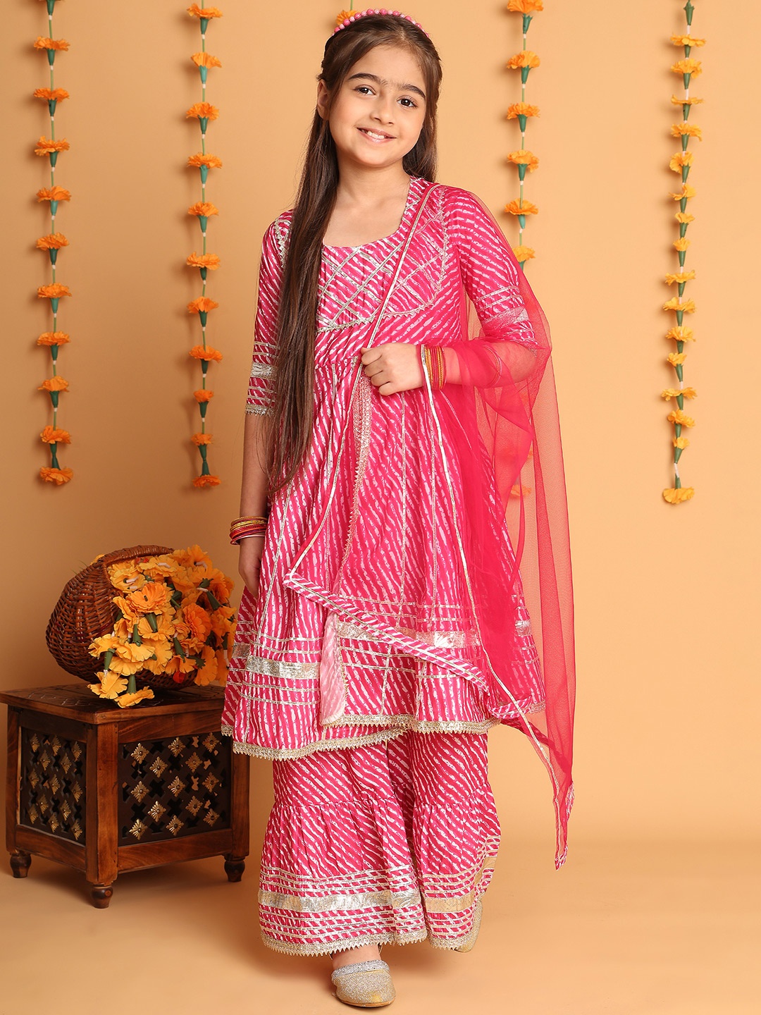

BAESD Girls Leheriya Printed Panelled Pure Cotton A-Line Kurta With Sharara & Dupatta, Pink