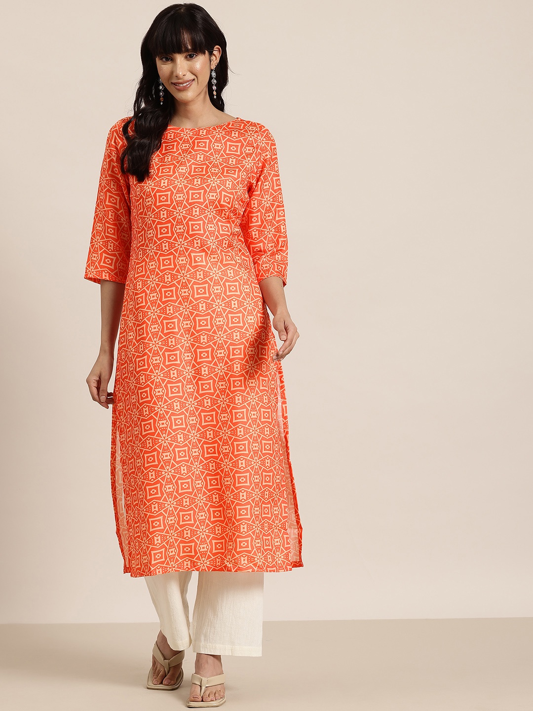 

HERE&NOW Geometric Printed Kurta, Orange